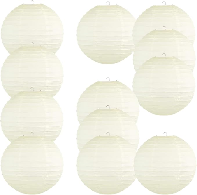 Chinese Style Paper Lanterns, Set of 12, Suitable for Party Decoration (Ivory, 12in)-VerdiqueGarden