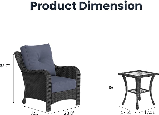 3 Pieces Outdoor Patio Furniture Sets with Single Chairs with 6-inch Thick Cushion and Side Table for Deck Lawn-VerdiqueGarden