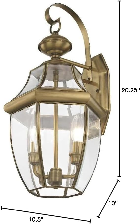 Livex Lighting 2251-02 Monterey 2 Light Outdoor Polished Brass Finish Solid Brass Wall Lantern with Clear Beveled Glass, 20.25" x 10.5" x 10"-VerdiqueGarden
