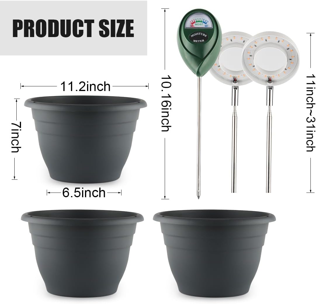 11 Inch Plant Pots with 2 x LED Grow Lights for Indoor Plants and 1 x Soil Moisture Meter - Complete Indoor Plant Care Set, 2 Pack Flower Pots with Drainage Holes and Plug, Gray-VerdiqueGarden