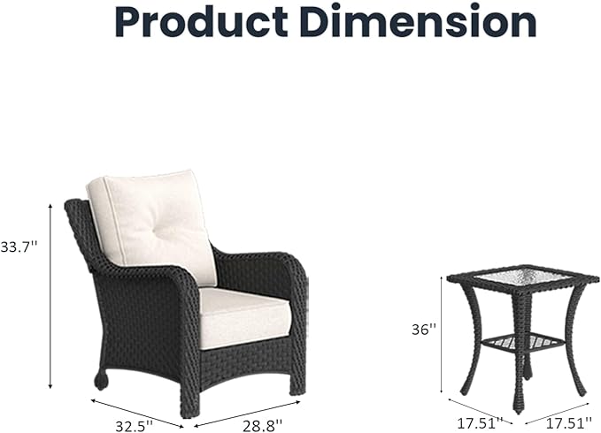 3 Pieces Outdoor Patio Furniture Sets with Single Chairs with 6-inch Thick Cushion and Side Table for Deck Lawn-VerdiqueGarden