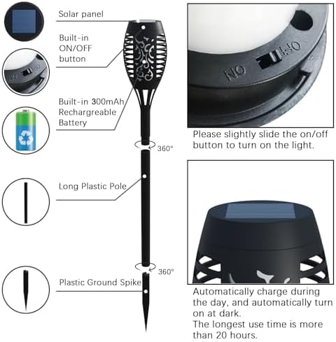 12 Pack Solar Torch Lights Outdoor Waterproof - Multicolor Flickering Flame, Outdoor Solar Garden Lights for Yard, Tiki Torches for Outside Patio Pathway Decorations-VerdiqueGarden