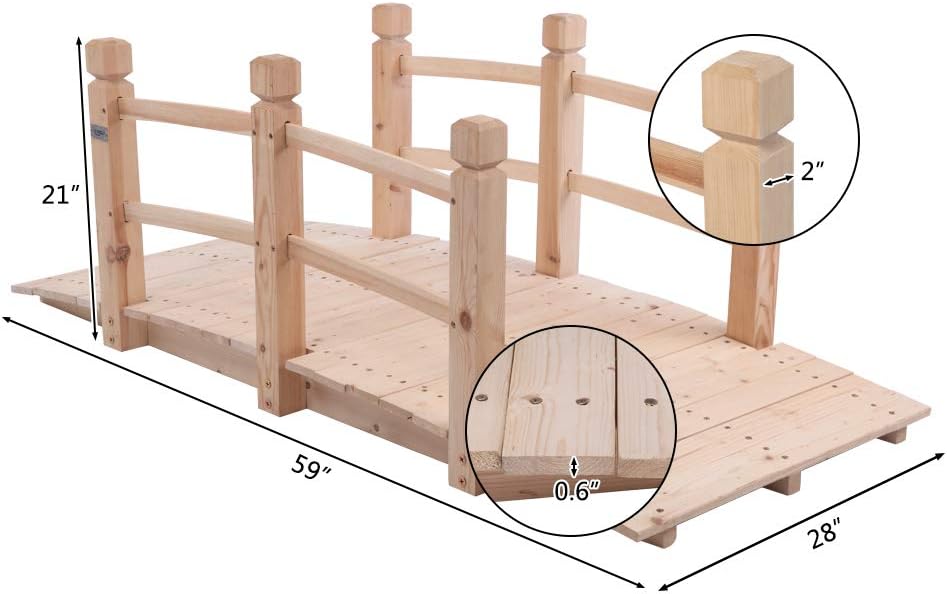 VINGLI 5 ft Garden Bridge, Classic Wooden Arch with Safety Rails Natural Finished Footbridge, Decorative Pond Landscaping, Backyard Creek or Farm-VerdiqueGarden