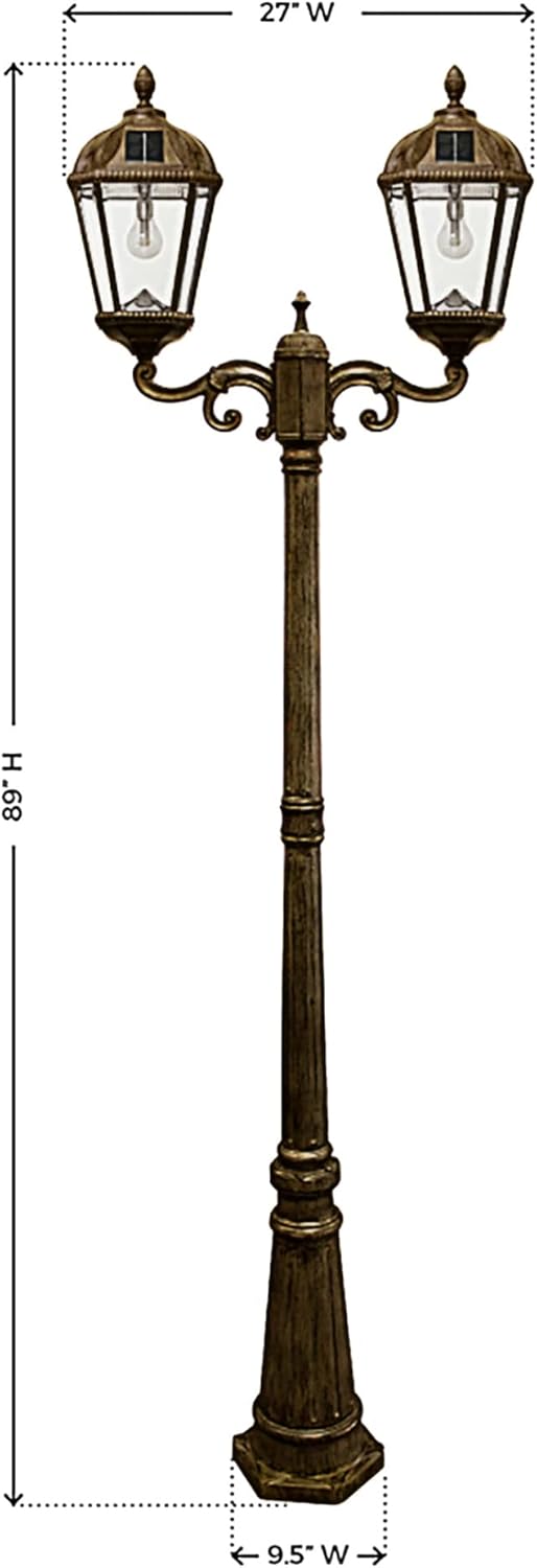 Gama Sonic Outdoor Solar Lamp Post Light Kit, Royal Bulb 300 Lumens, Double Head Weathered Bronze Cast Aluminum Post Lamp and Light Pole, Warm White Light 2700K, 98B302 (Upgraded Battery and Panel)-VerdiqueGarden