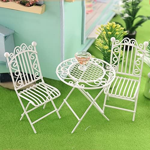 Dollhouse Miniature Bistro Table & Chairs Set Accessories Metal 1:12 Scale Miniatures White Coffee/Tea Furniture Fairy Garden Cute Rustic Elegant Decorations Ornaments (C)-VerdiqueGarden