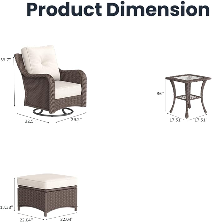 5 Pieces Outdoor Patio Furniture Sets with Rocking Swivel Chairs with 6-inch Thick Cushion and Side Table for Deck Lawn-VerdiqueGarden