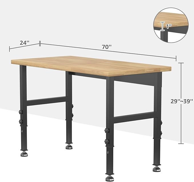 48" Adjustable Workbench,Heavy-Duty Work Table,3000 LBS Load Capacity Hardwood Workstation with Fixed feet,for Workshop, Garage-VerdiqueGarden