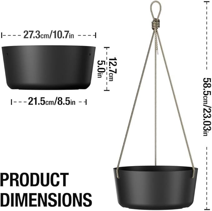 10.7 Inch Hanging Planter for Outdoor Indoor Plants,2 Pack Hanging Flower Pots with Drain Holes for Garden Home Decor Use (Black)-VerdiqueGarden