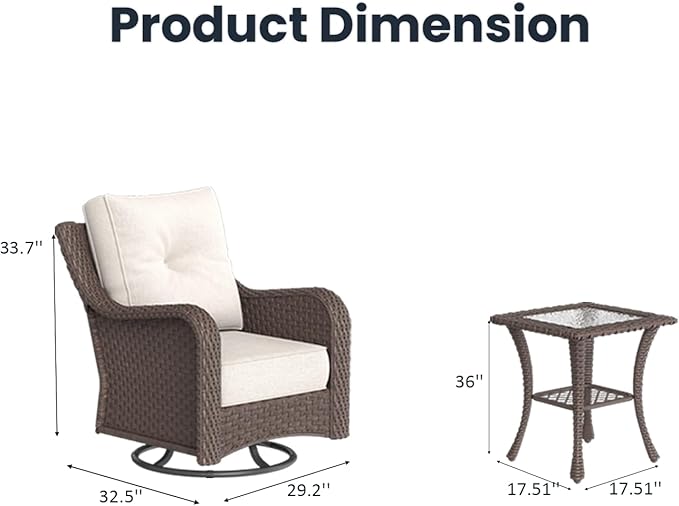 6 Pieces Outdoor Patio Furniture Sets with Rocking Swivel Chairs with 6-inch Thick Cushion and Side Table for Deck Lawn-VerdiqueGarden