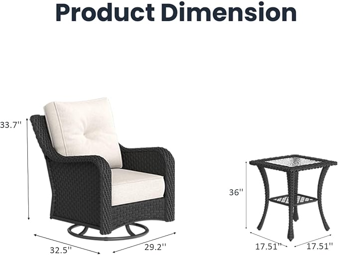 3 Pieces Outdoor Patio Furniture Sets with Rocking Swivel Chairs with 6-inch Thick Cushion and Side Table for Deck Lawn-VerdiqueGarden