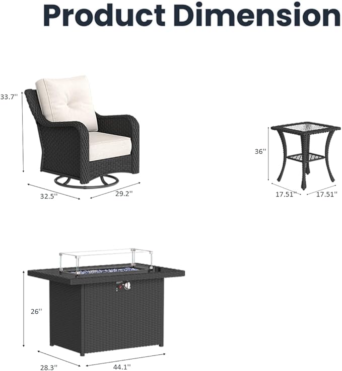 7 Pieces Outdoor Patio Furniture Sets with Rocking Swivel Chairs with 6-inch Thick Cushion and Fire Pit Table for Deck Lawn-VerdiqueGarden