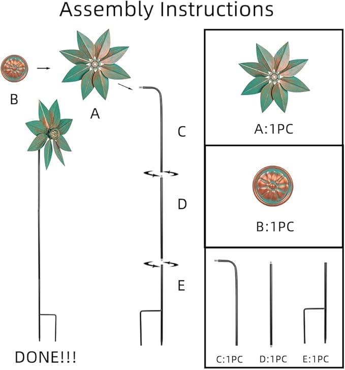 DREAMYSOUL Pinwheels for Yard and Garden, 38 Inches Metal Kinetic Wind Spinner for Outdoor Garden Patio Yard Decor-VerdiqueGarden