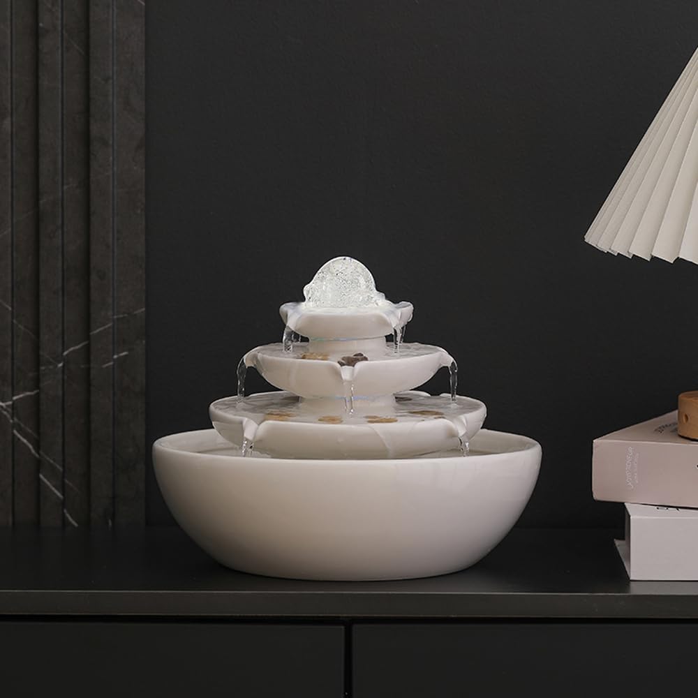 Indoor Tabletop Ceramic Fountain Water Feature Home Kitchen Office Decoration Modern Design Style (White)-VerdiqueGarden