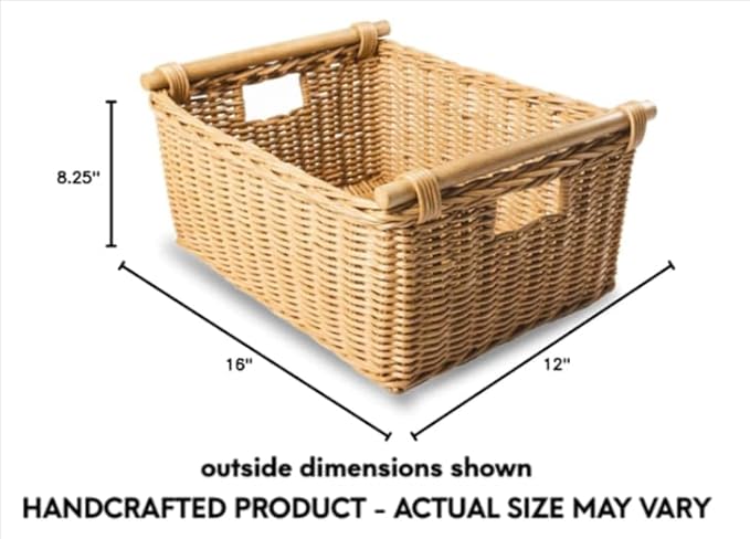 The Basket Lady Pole Handle Wicker Storage Basket, Medium, 16 in L x 12 in W x 8.25 in H, Sandstone-VerdiqueGarden