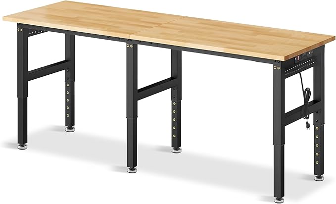 84” Adjustable Height Workbench, 5000 LBS Heavy Duty Table Rubber Wood Workstation with Power Outlet & Pegboard for Garage, Office, Workshop, Home,Commercial-VerdiqueGarden