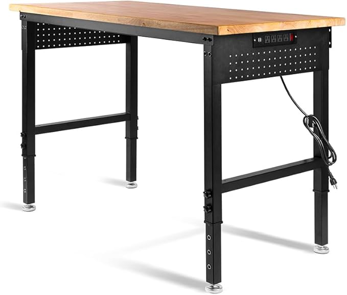 48" L×24”W Adjustable Workbench, 28”-40”Heights Heavy Duty Table 2000 LBS Load Capacity, Work Bench with Power Outlet & Pegboard, Rubber Wood Work Table for Garage, Office, Workshop, Home-VerdiqueGarden
