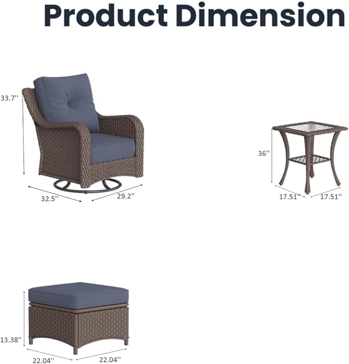 5 Pieces Outdoor Patio Furniture Sets with Rocking Swivel Chairs with 6-inch Thick Cushion and Side Table for Deck Lawn-VerdiqueGarden