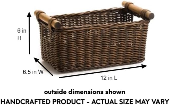 The Basket Lady Petit Pole Handle Wicker Storage Basket, Medium, 12 in L x 6.5 in W x 6 in H, Antique Walnut Brown-VerdiqueGarden