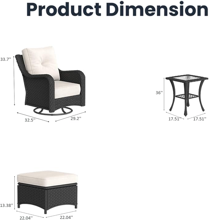 5 Pieces Outdoor Patio Furniture Sets with Rocking Swivel Chairs with 6-inch Thick Cushion and Side Table for Deck Lawn-VerdiqueGarden