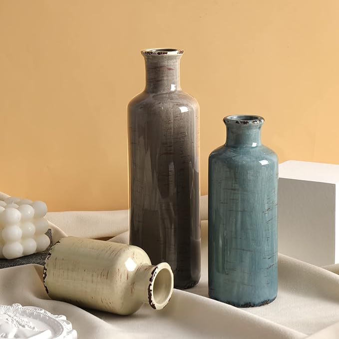 CUCUMI Ceramic Flower Vases Set of 3, Rustic Coastal Home Decor for Farmhouse Shelves, Ocean Beach Style, Mantle, Fireplace, Coffee Table, Shelf for Living Room-VerdiqueGarden