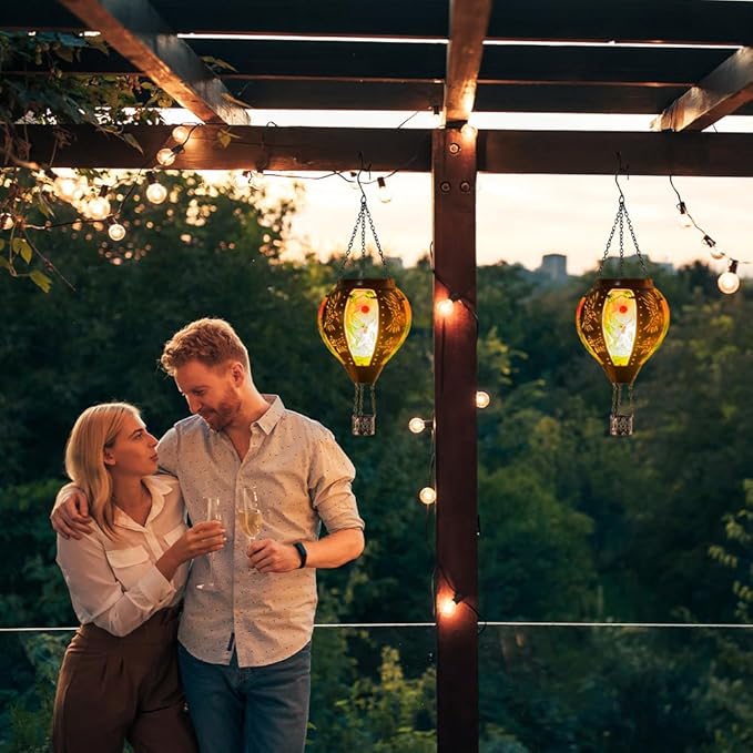 Starsoul Hummingbird Hot Air Balloon Solar Lantern Metal & Glass Solar Hot Air Balloon Hanging Garden Light Waterproof Outdoor Lantern for Patio Yard Party Decorations-VerdiqueGarden