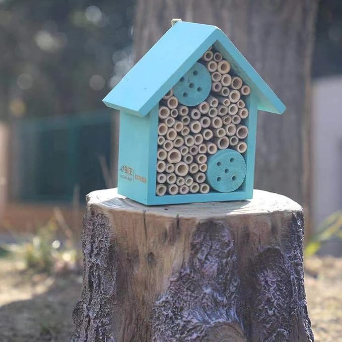 Mason Bee Houses Outdoor Wooden Blue Bee Hotel for Garden and Yard Hand-Made Bamboo Bee Hive for Bees Butterflies and Ladybugs, Medium Size 8"x7.5"x5"-VerdiqueGarden