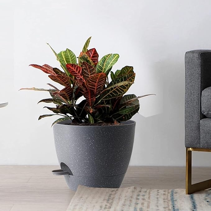 10/9/8 inch Self Watering Pots, Set of 3 Plastic Planters with Mesh Drainage Holes and Deep Reservoir for Indoor Outdoor Garden Plants and Flowers, Grey Speckles-VerdiqueGarden