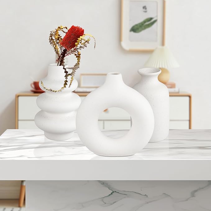 Ceramic Vase Set of 3, Small Flower Vase for Home Decor, Decorative Vases for Pampas Grass & Dried Flowers, Living Room, Bedroom, Bathroom, Shelf Centerpiece Table Decorations-VerdiqueGarden