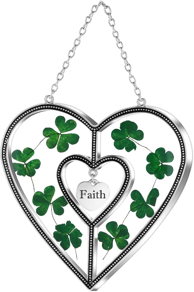KY&BOSAM Shamrock Heart Suncatcher Faith Suncatcher St Patrick's Day Decoration Grandma Gifts for Windows Hangings Wind Chime with Pressed Flower Gifts for Mom Mother`s Day Valentine's-VerdiqueGarden