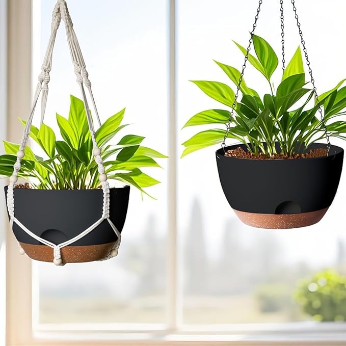 12 Inch Hanging Baskets for Plants Outdoor, Hanging Planters for Indoor Outdoor Plants, Hanging Planter with Self Watering, Hanging Flower Pots (Black Planter with Macrame + Iron Hangers)-VerdiqueGarden