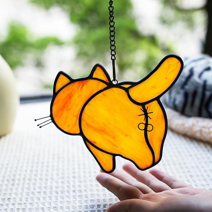 Orange Cat Decor Stained Glass Suncatcher for Window,Funny Cat Gifts for Cat Lovers Stained Glass Window Hanging,Cat Themed Gifts Cat Lovers Gifts for Women Girls Friends Mom-VerdiqueGarden