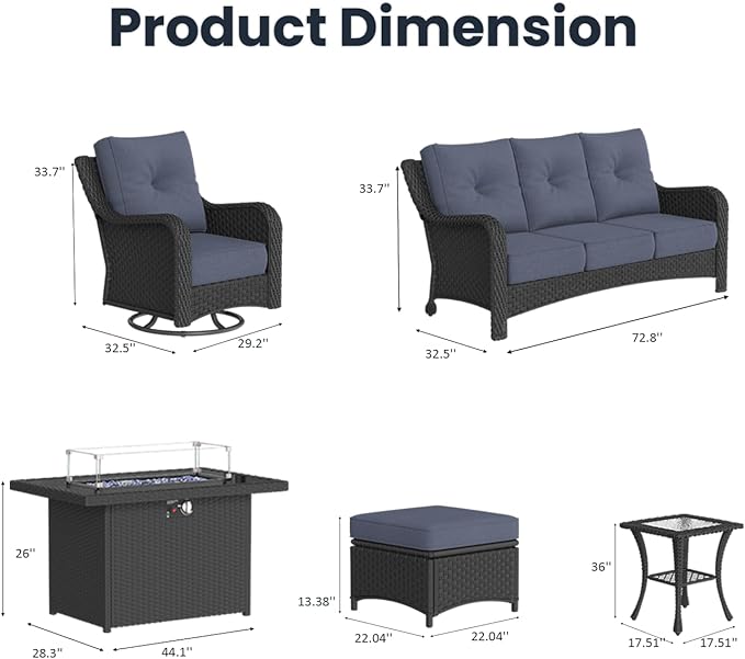10 Pieces Outdoor Patio Furniture Sets with Rocking Swivel Chairs with 6-inch Thick Cushion and Fire Pit Table for Deck Lawn-VerdiqueGarden