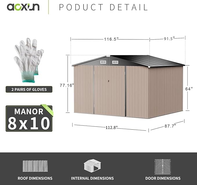 Aoxun 10x8 FT Outdoor Storage Shed with Double Hinged Large Door Utility Garden Shed with Lockable Door & Sloped Roof Metal Sheds Outdoor Storage for Garden, Backyard, Patio and Backyard, Brown-VerdiqueGarden