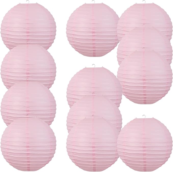 Chinese Style Paper Lanterns, Set of 12, Suitable for Party Decoration (Pink, 12in)-VerdiqueGarden