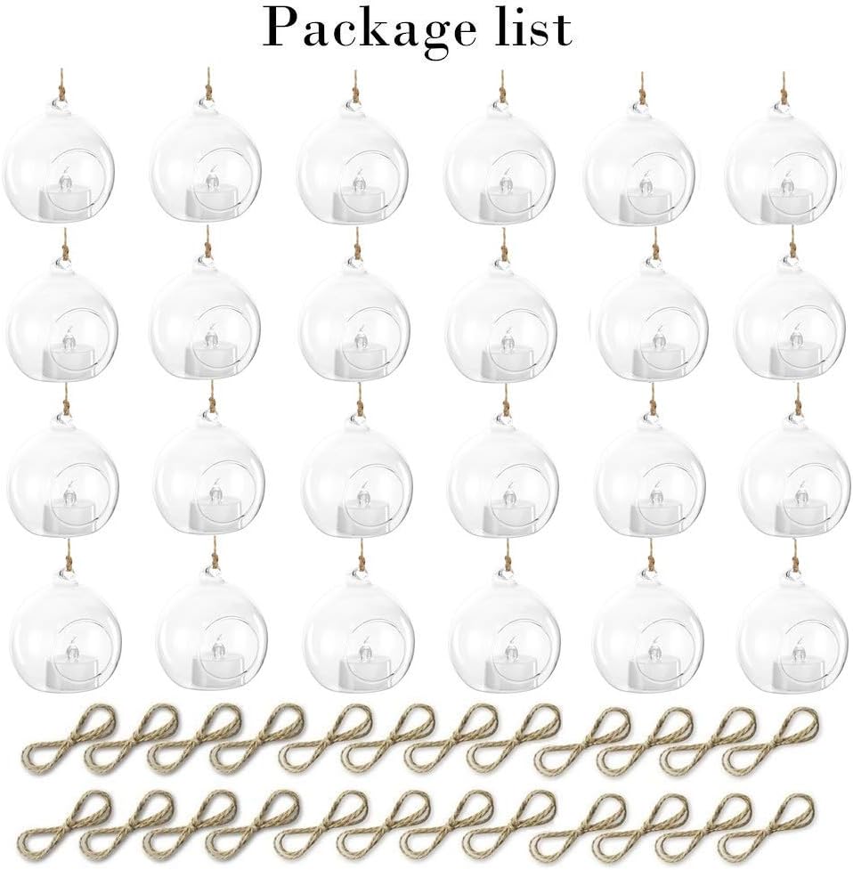 24 Pcs 3.15"/ 8cm Hanging Glass Tealight Holder Globe with LED Tealight, Plant Terrariums Glass Orbs Air Plants Tea Light Candle Holders Home Decor Indoor Outdoor Garden DIY Gifts (24 Pcs)-VerdiqueGarden