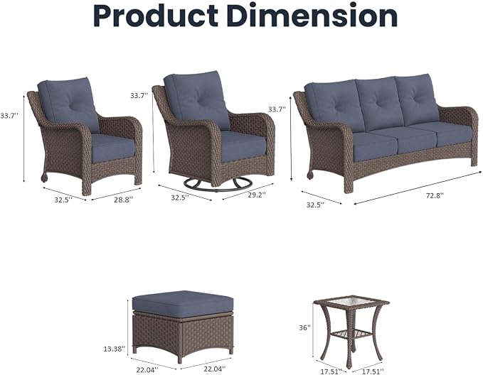9 Pieces Outdoor Patio Furniture Sets with Rocking Swivel Chairs with 6-inch Thick Cushion and Side Table for Deck Lawn-VerdiqueGarden