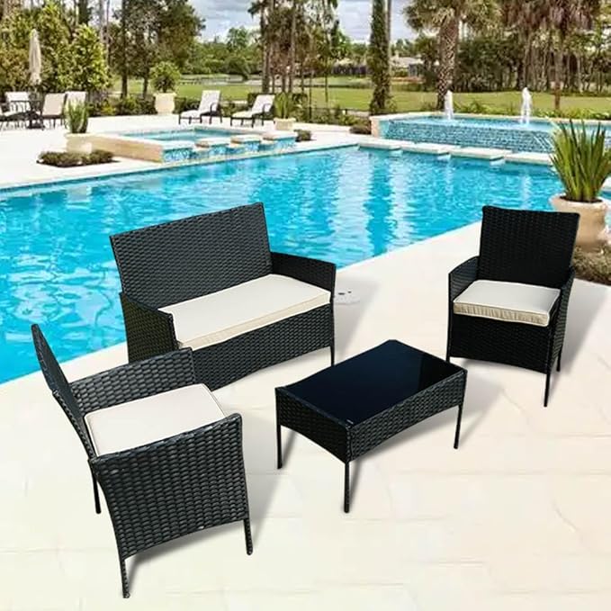 3-Pack Outdoor Patio Furniture Replacement Cushion Set–High-Elastic Sponge Cushions Fit 4-Piece Wicker Rattan Sofa, Loveseat & Chairs, 36x18x2 & 18x18x2, Waterproof, Fade-Resistant (Khaki)-VerdiqueGarden