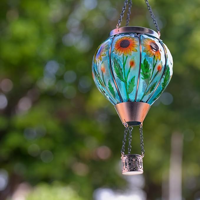 Starsoul Sunflower Hot Air Balloon Solar Lantern - Glass Outdoor Flickering Flame Light, Waterproof Hanging Lamp for Garden, Patio, Yard, Party Decor-VerdiqueGarden