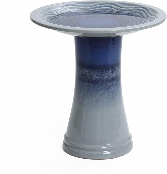 LuxenHome 18 Inch Ceramic Bird Bath for Outside, Elegant Tall Outdoor Bird Bath, Lightweight Pedestal Glazed Birdbaths for Outdoors with Swirl Pattern, Ombre Blue-VerdiqueGarden