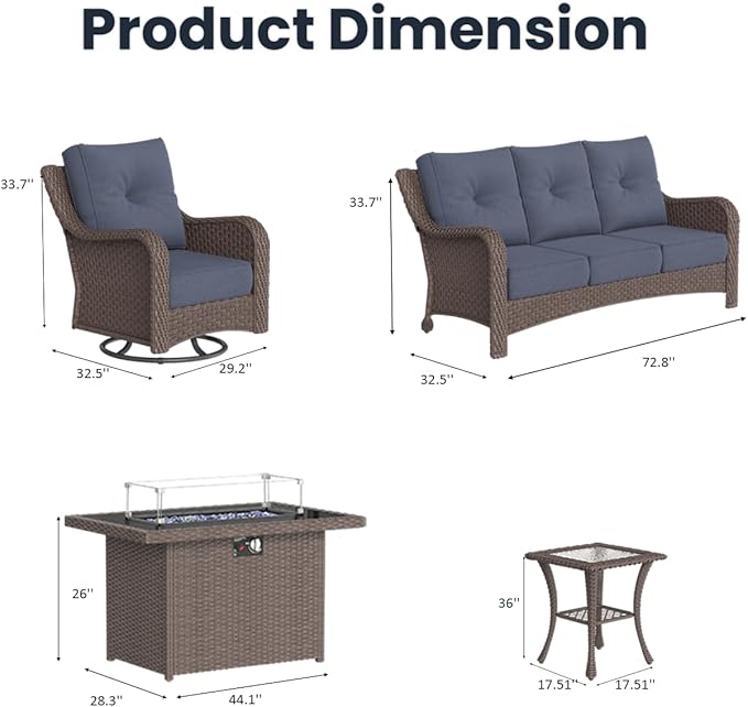 5 Pieces Outdoor Patio Furniture Sets with Rocking Swivel Chairs with 6-inch Thick Cushion and Fire Pit Table for Deck Lawn-VerdiqueGarden
