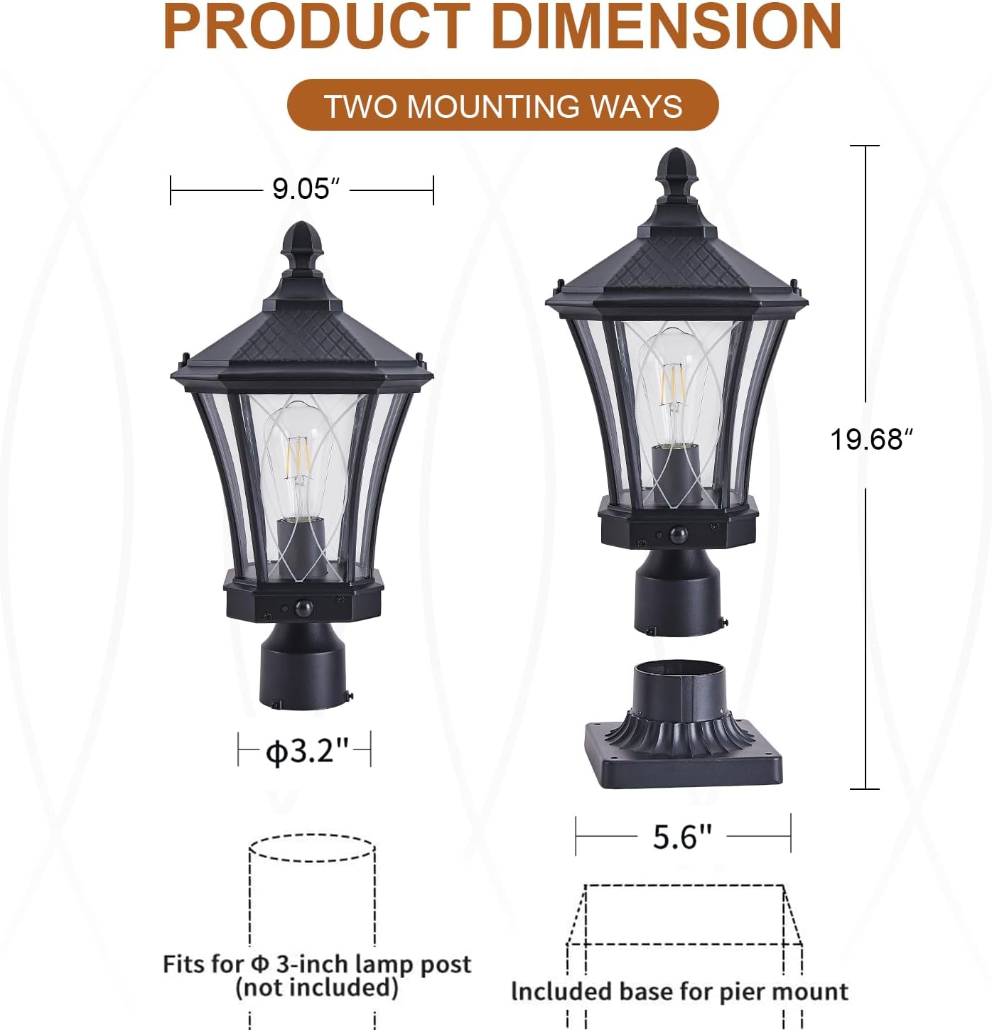 Motion Sensor Outdoor Post Lights with Pier Mount Base, Dusk to Dawn Outdoor Pillar Lamps Waterproof Exterior Post Lamp with Patterned Glass Outdoor Pole Lights for Patio, Porch, Gate-VerdiqueGarden