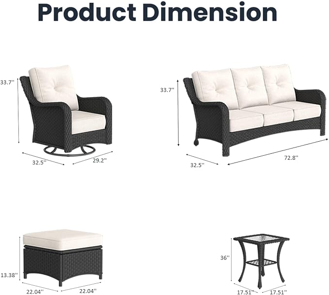 9 Pieces Outdoor Patio Furniture Sets with Rocking Swivel Chairs with 6-inch Thick Cushion and Side Table for Deck Lawn-VerdiqueGarden