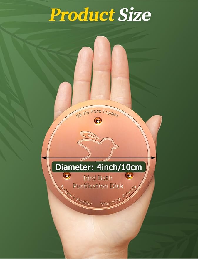 Mellbree 2-Pack Bird Bath Copper Disk, 0.6mm Reinforced 99.99% Pure Copper Cleaning Disk with Triple-Point Support for Physical Safe Clean Water All-Season, Universal Fit for Outdoor Birdbaths, Bowl-VerdiqueGarden