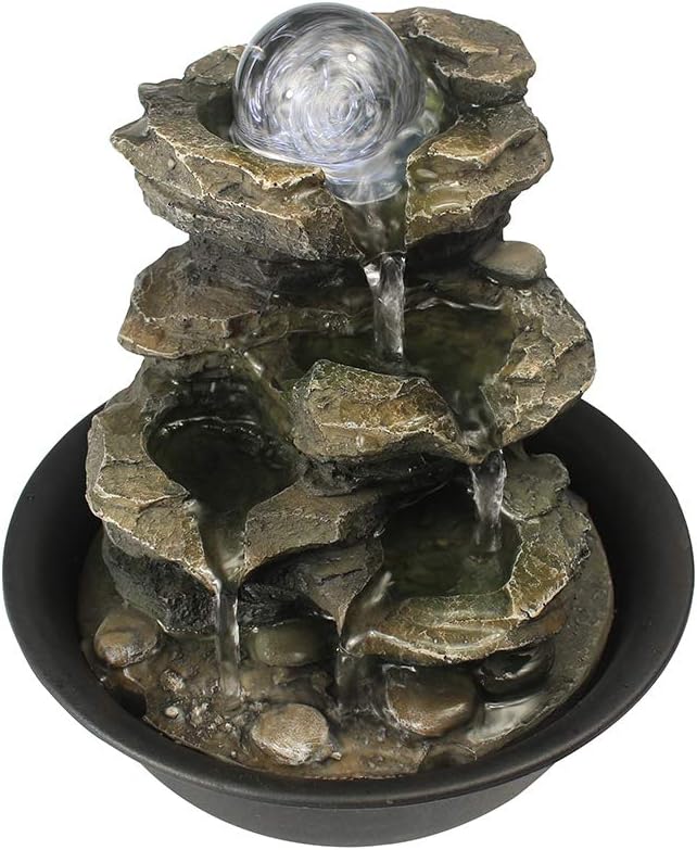 Spinning Orb Rock Cascading Tabletop Fountain, Zen Meditation Indoor Waterfall Feature with LED Light for Home Office Bedroom Relaxation-VerdiqueGarden