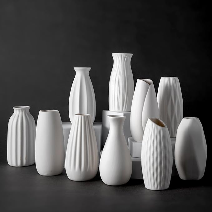 Small White Ceramic Vase Set of 10 - Mini Bud Vases for Flowers and Pampas Grass, Boho Centerpieces for Home and Party Decor, White Vases Home Decor, Ceramic Vase Set for Weddings-VerdiqueGarden