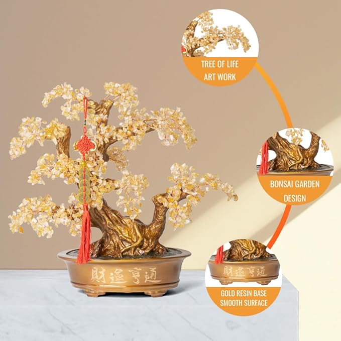 Natural Citrine Gemstone Crystal Bonsai Tree of Life(1,350 Gemstone Count) Large Feng Shui Money Chakra Tree for Luck and Wealth Desk Decoration 20 Inches-VerdiqueGarden