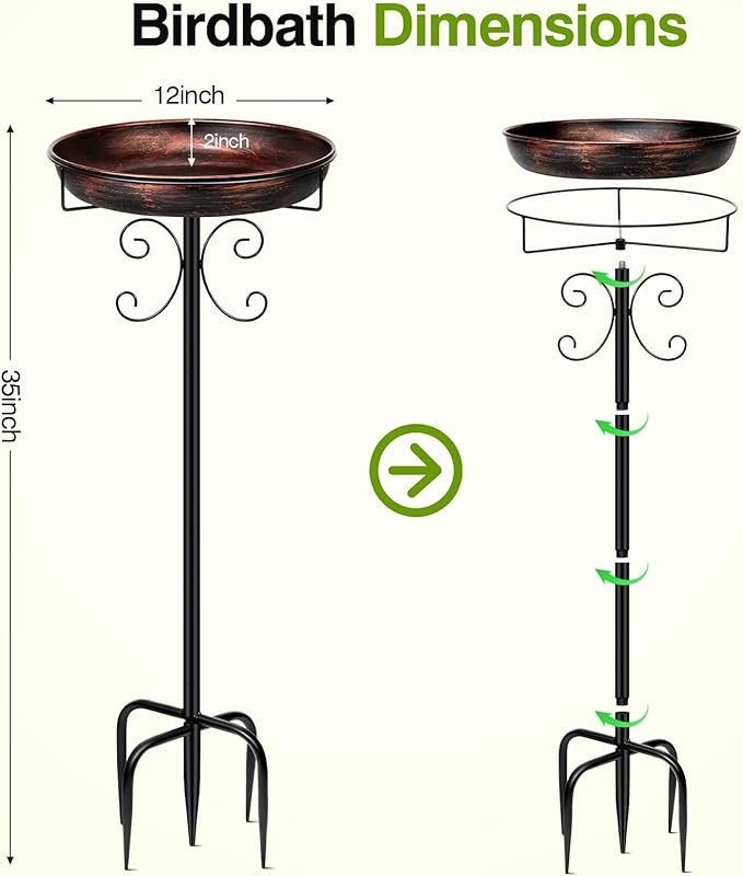 Daoeny 35In Metal Bird Bath for Outside, Vintage Freestanding Birdbaths & Birdfeeder, Bird Baths Feeder Bowl for Outdoors Garden Patio Yard Lawn Decor, Upgraded 5-Pronged Base (Antique Bronze)-VerdiqueGarden