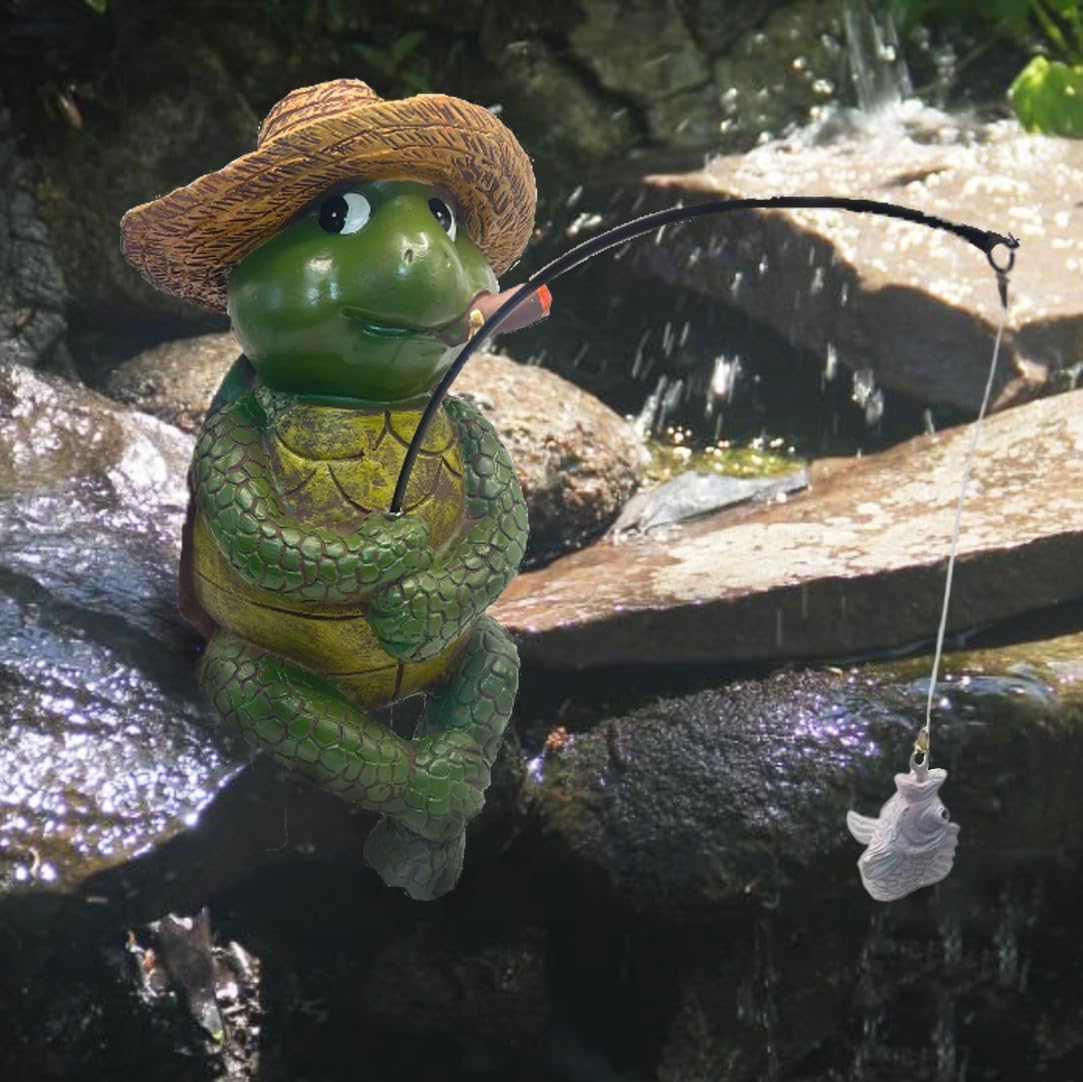 Tortoise Fishing Statue Garden Decor,9.8" Weatherproof Resin Tortoise Fishing Sculpture Decor for Fish Ponds, Koi Ponds, Waterfalls, Poolside Outdoor Gardens Resin Figurine for Indoor Outdoor Décor-VerdiqueGarden