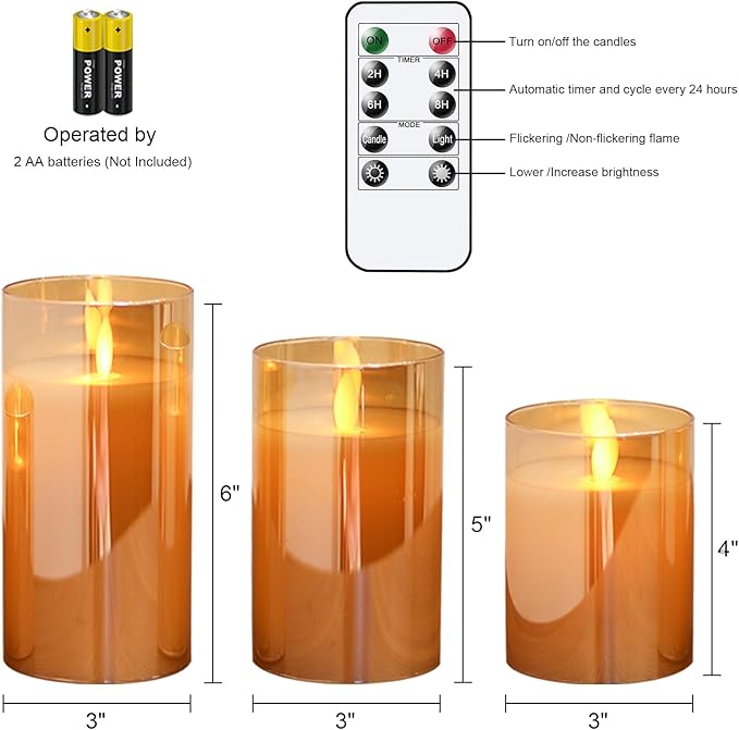Glass Flickering Flameless Candles with Remote Timer, LED Pillar Candles Battery Operated with 3D Realistic Wick, Real Wax Fake Candles Home Decor for Wedding Festival Party(Gold)-VerdiqueGarden