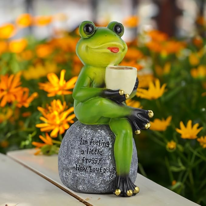 Spring & Summer-Themed Garden Statues – Adorable Outdoor Decor for Lawn, Patio & Porch (Coffee Drinking Frog Garden Statue with Funny Quote)-VerdiqueGarden